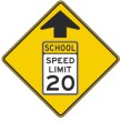 Reduced speed limit, school zone ahead.